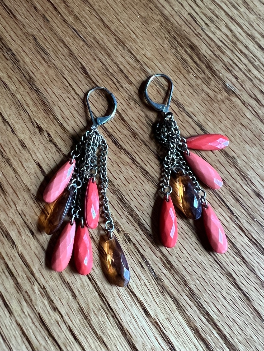Vintage Dangle Teardrop Cluster Earrings in Coral and Amber